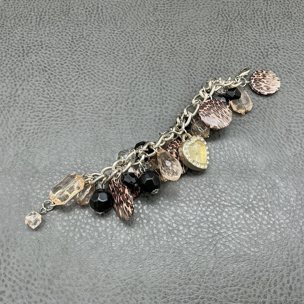 Figaro Bracelet Heart Watch Charm Leopard Bead Multicolor Womens NEW BATTERY